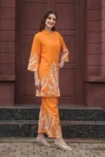 Orange Leaf Print Rayon Kurti Pant Set – Elegant Summer Ethnic Co-ord - Image 4