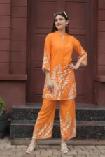 Orange Leaf Print Rayon Kurti Pant Set – Elegant Summer Ethnic Co-ord - Image 5