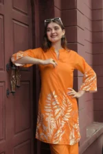 Orange Leaf Print Rayon Kurti Pant Set – Elegant Summer Ethnic Co-ord - Image 3