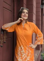 Orange Leaf Print Rayon Kurti Pant Set – Elegant Summer Ethnic Co-ord - Image 2