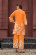 Orange Leaf Print Rayon Kurti Pant Set – Elegant Summer Ethnic Co-ord - Image 6