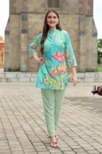 Sky Floral Rayon Kurti Set – Elegant Straight Kurti with Slim Pants - Image 7