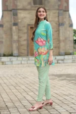 Sky Floral Rayon Kurti Set – Elegant Straight Kurti with Slim Pants - Image 6