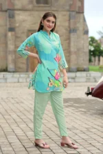 Sky Floral Rayon Kurti Set – Elegant Straight Kurti with Slim Pants - Image 5