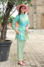 Sky Floral Rayon Kurti Set – Elegant Straight Kurti with Slim Pants - Image 4