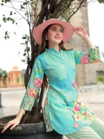 Sky Floral Rayon Kurti Set – Elegant Straight Kurti with Slim Pants - Image 3