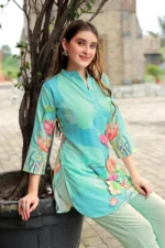 Sky Floral Rayon Kurti Set – Elegant Straight Kurti with Slim Pants - Image 2