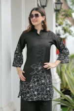 Black Floral Printed Kurti & Palazzo Co-Ord Set - Image 3