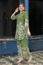 Mehandi Green Floral Rayon Kurti & Palazzo Co-Ord Se - Image 4
