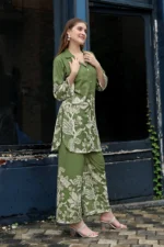 Mehandi Green Floral Rayon Kurti & Palazzo Co-Ord Se - Image 3