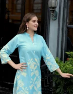 Premium Aqua Blue Floral Co-Ord Set for Women – Straight Kurti with 3/4 Sleeves & Flowy Palazzo Pants - Image 3