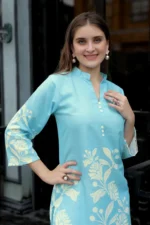 Premium Aqua Blue Floral Co-Ord Set for Women – Straight Kurti with 3/4 Sleeves & Flowy Palazzo Pants - Image 2