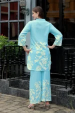 Premium Aqua Blue Floral Co-Ord Set for Women – Straight Kurti with 3/4 Sleeves & Flowy Palazzo Pants - Image 12
