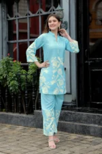 Premium Aqua Blue Floral Co-Ord Set for Women – Straight Kurti with 3/4 Sleeves & Flowy Palazzo Pants - Image 11