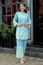Premium Aqua Blue Floral Co-Ord Set for Women – Straight Kurti with 3/4 Sleeves & Flowy Palazzo Pants - Image 10