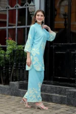Premium Aqua Blue Floral Co-Ord Set for Women – Straight Kurti with 3/4 Sleeves & Flowy Palazzo Pants - Image 8