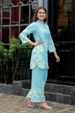 Premium Aqua Blue Floral Co-Ord Set for Women – Straight Kurti with 3/4 Sleeves & Flowy Palazzo Pants - Image 7
