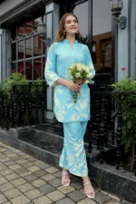 Premium Aqua Blue Floral Co-Ord Set for Women – Straight Kurti with 3/4 Sleeves & Flowy Palazzo Pants - Image 6