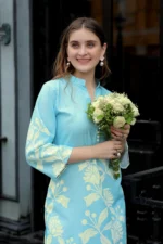 Premium Aqua Blue Floral Co-Ord Set for Women – Straight Kurti with 3/4 Sleeves & Flowy Palazzo Pants - Image 5