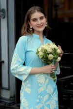 Premium Aqua Blue Floral Co-Ord Set for Women – Straight Kurti with 3/4 Sleeves & Flowy Palazzo Pants - Image 4