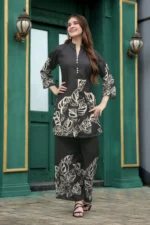 Luxury Black Floral Leaf Co-Ord Set for Women – Straight Kurti with 3/4 Sleeves & Palazzo Pants - Image 6