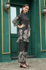 Luxury Black Floral Leaf Co-Ord Set for Women – Straight Kurti with 3/4 Sleeves & Palazzo Pants - Image 4