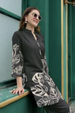 Luxury Black Floral Leaf Co-Ord Set for Women – Straight Kurti with 3/4 Sleeves & Palazzo Pants - Image 3