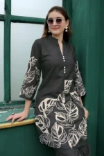 Luxury Black Floral Leaf Co-Ord Set for Women – Straight Kurti with 3/4 Sleeves & Palazzo Pants - Image 2