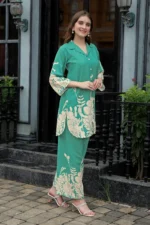 Women’s Luxury Rama Green Co-Ord Set with Statement Floral Print – Casual & Festive Wear Outfit - Image 4