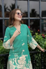 Women’s Luxury Rama Green Co-Ord Set with Statement Floral Print – Casual & Festive Wear Outfit - Image 2