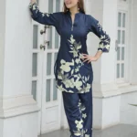 Women’s Navy Blue Floral Printed Kurti with Straight Palazzo Co-Ord Set – Elegant Designer Two Piece Outfit