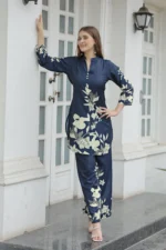Women’s Navy Blue Floral Printed Kurti with Straight Palazzo Co-Ord Set – Elegant Designer Two Piece Outfit