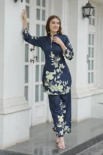 Women’s Navy Blue Floral Printed Kurti with Straight Palazzo Co-Ord Set – Elegant Designer Two Piece Outfit - Image 9