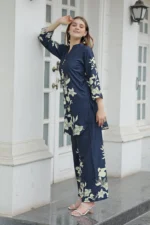Women’s Navy Blue Floral Printed Kurti with Straight Palazzo Co-Ord Set – Elegant Designer Two Piece Outfit - Image 8