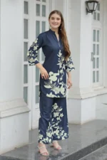 Women’s Navy Blue Floral Printed Kurti with Straight Palazzo Co-Ord Set – Elegant Designer Two Piece Outfit - Image 7