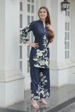 Women’s Navy Blue Floral Printed Kurti with Straight Palazzo Co-Ord Set – Elegant Designer Two Piece Outfit - Image 6