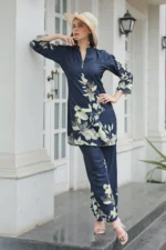 Women’s Navy Blue Floral Printed Kurti with Straight Palazzo Co-Ord Set – Elegant Designer Two Piece Outfit - Image 5