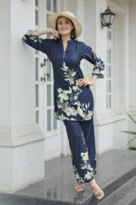 Women’s Navy Blue Floral Printed Kurti with Straight Palazzo Co-Ord Set – Elegant Designer Two Piece Outfit - Image 4