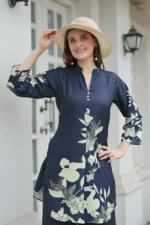 Women’s Navy Blue Floral Printed Kurti with Straight Palazzo Co-Ord Set – Elegant Designer Two Piece Outfit - Image 3