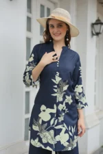 Women’s Navy Blue Floral Printed Kurti with Straight Palazzo Co-Ord Set – Elegant Designer Two Piece Outfit - Image 2