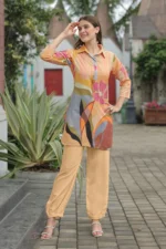Women’s Peach Multi-Color Floral Printed Kurti with Solid Palazzo Co-Ord Set – Designer Two Piece Outfit - Image 7