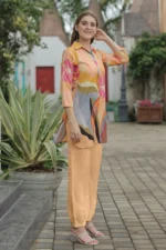 Women’s Peach Multi-Color Floral Printed Kurti with Solid Palazzo Co-Ord Set – Designer Two Piece Outfit - Image 5