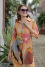 Women’s Peach Multi-Color Floral Printed Kurti with Solid Palazzo Co-Ord Set – Designer Two Piece Outfit - Image 3