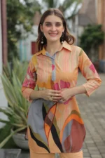 Women’s Peach Multi-Color Floral Printed Kurti with Solid Palazzo Co-Ord Set – Designer Two Piece Outfit - Image 2