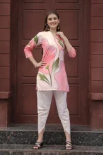 Women’s Soft Pink Floral Printed Kurti with Off-White Pants Co-Ord Set – Elegant Designer Two Piece Outfit - Image 6
