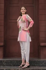Women’s Soft Pink Floral Printed Kurti with Off-White Pants Co-Ord Set – Elegant Designer Two Piece Outfit - Image 4