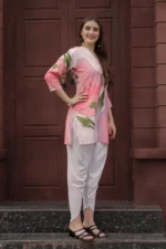Women’s Soft Pink Floral Printed Kurti with Off-White Pants Co-Ord Set – Elegant Designer Two Piece Outfit - Image 3