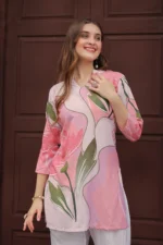 Women’s Soft Pink Floral Printed Kurti with Off-White Pants Co-Ord Set – Elegant Designer Two Piece Outfit - Image 2