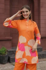 Women’s Luxury Orange Statement Print Co-Ord Set – Elegant Casual & Festive Wear Outfit - Image 2