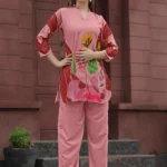 Premium Rust Pink Botanical Print Kurti Palazzo Set for Women – Stylish Straight Fit Co-Ord
